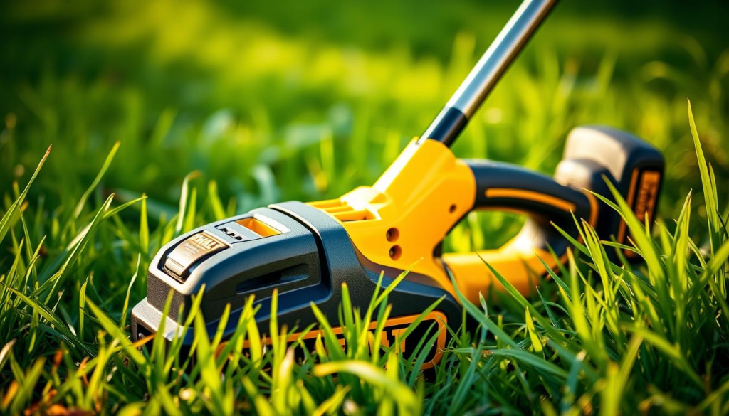 A DEWALT 60V cordless trimmer positioned prominently in the center of the frame, its sleek black and yellow design gleaming under warm, natural lighting. The trimmer is surrounded by lush, verdant grass, with a soft, blurred background suggesting a tranquil outdoor setting. The trimmer's features, such as the adjustable head and ergonomic grip, are clearly visible, conveying a sense of power and precision. The overall composition emphasizes the trimmer's robust build and user-friendly design, reflecting the positive user experience and feedback described in the article.