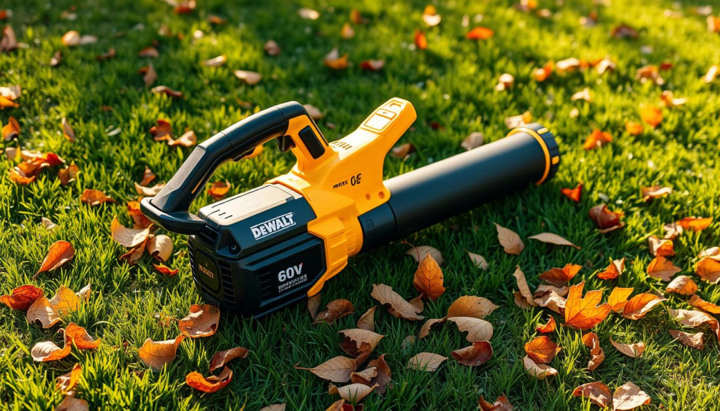 A DEWALT 60V leaf blower resting on a lush, green lawn, surrounded by fallen autumn leaves. The brushless motor and heavy-duty construction are clearly visible, conveying power and durability. Warm, diffused sunlight bathes the scene, creating a soft, natural atmosphere. The blower's sleek, modern design and bright yellow accents stand out against the verdant background, highlighting its environmental friendliness as a cordless, battery-powered tool. A gentle breeze ruffles the leaves, suggesting the blower's efficient airflow and ability to quickly clear outdoor spaces. The image radiates a sense of effortless yard work and a commitment to sustainable gardening practices.