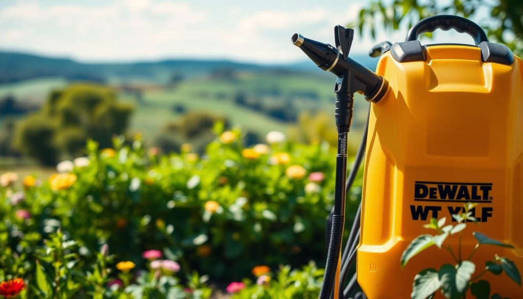 A DEWALT backpack sprayer against a lush, verdant garden backdrop. The sprayer's sleek, yellow and black design stands out prominently in the foreground, its nozzle poised to deliver a fine, mist-like spray. Soft, diffused natural lighting illuminates the scene, casting gentle shadows and highlights on the sprayer's contours. The middle ground features a variety of thriving plants and flowers, creating a sense of vibrant, organic growth. In the background, a blurred, idyllic landscape with rolling hills and a clear blue sky completes the tranquil, peaceful atmosphere. The overall composition conveys the efficient, reliable performance of the DEWALT backpack sprayer in maintaining a healthy, well-tended garden.