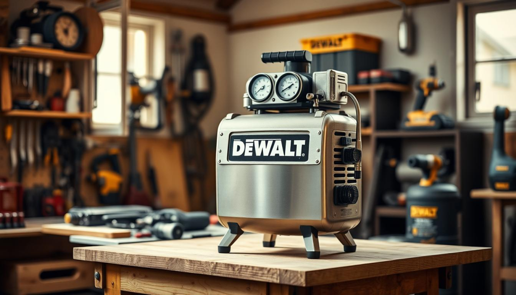 A DEWALT corded air compressor standing prominently on a wooden workbench in a well-lit workshop. The compressor has a sturdy metal housing with the DEWALT logo prominently displayed. The front panel showcases the various controls and pressure gauges. Surrounding the compressor are various workshop tools and accessories, creating a sense of a functional and organized workspace. The lighting is soft and natural, casting warm tones and gentle shadows that accentuate the compressor's details. The overall atmosphere conveys a sense of efficiency, reliability, and professionalism, reflecting the DEWALT brand's reputation for high-quality power tools.
