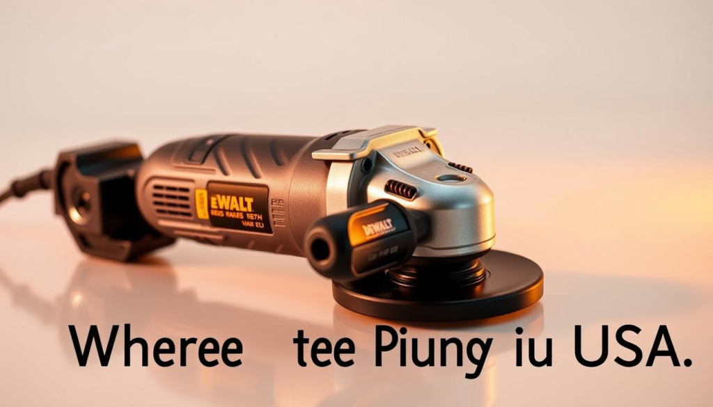 A DEWALT die grinder with a sleek metallic body and ergonomic grip, illuminated by warm studio lighting. The tool rests on a smooth, reflective surface, capturing its intricate details. In the background, a clean, minimalist environment showcases the grinder's professional-grade design. The image conveys a sense of precision, power, and the high-quality craftsmanship that DEWALT is known for, making it the perfect visual representation for a section on where to purchase these tools in the USA.