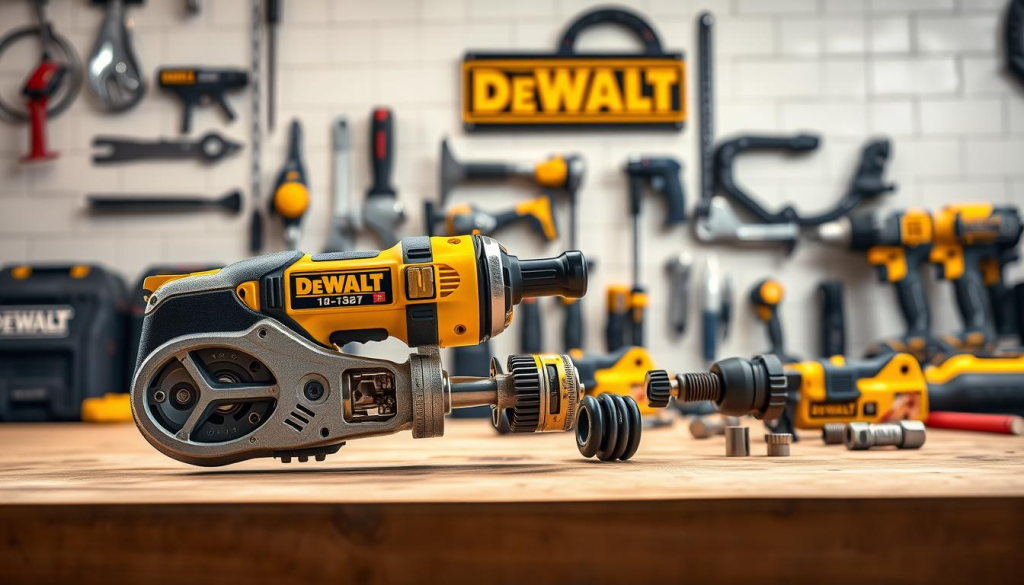 A DEWALT electric ratchet set against a clean, well-lit workshop backdrop. The ratchet is prominently displayed, with its intricate mechanisms and high-quality construction clearly visible. The foreground features the ratchet in detailed close-up, allowing the viewer to examine its components. The middle ground showcases the ratchet in use, disassembled to reveal its inner workings. In the background, a selection of DEWALT tools and accessories are neatly arranged, conveying a sense of professionalism and technical expertise. The overall scene is sharp, with a subtle depth of field, and illuminated by warm, directional lighting that enhances the ratchet's metallic finishes and highlights its functional design.