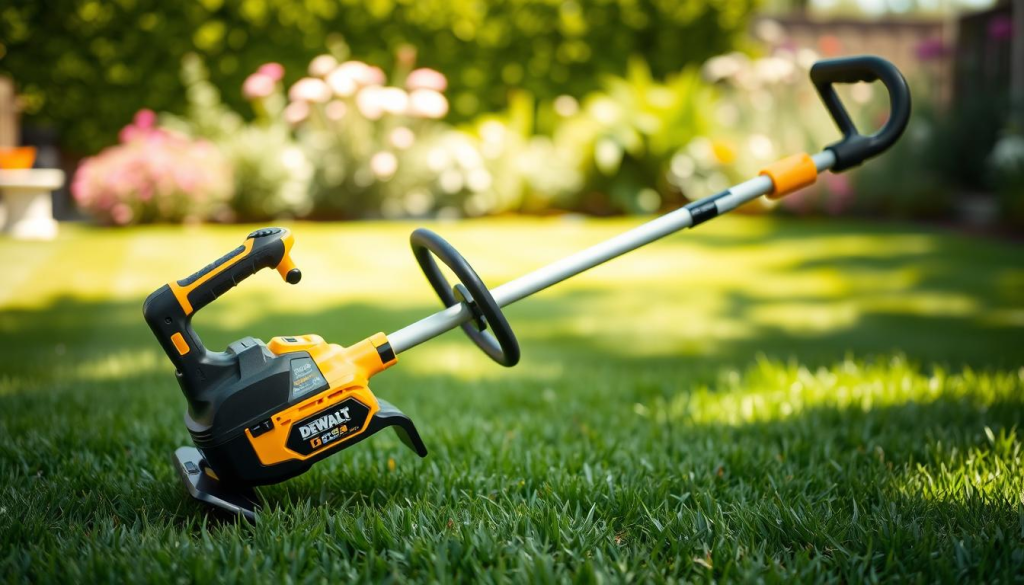 A DEWALT electric weed eater set against a bright, sunny backdrop. The weed eater is positioned prominently in the foreground, its sleek black and yellow design accentuated by a soft, directional lighting that casts subtle shadows. The middle ground features a lush, well-manicured lawn, hinting at the efficient grass-trimming capabilities of the tool. In the background, a blurred, verdant garden scene provides a serene, natural setting, emphasizing the device's eco-friendly, cordless operation. The overall composition conveys a sense of power, convenience, and effortless lawn maintenance, reflecting the benefits of using a DEWALT electric weed eater.