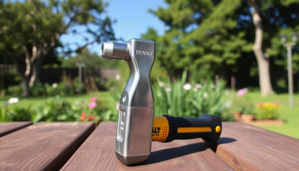 A DEWALT hammer standing firmly on a wooden surface, its sturdy metallic head gleaming in natural light. The background features a lush outdoor setting, with a verdant garden and a clear blue sky peeking through the trees. The hammer is positioned at a slight angle, suggesting its readiness for use in various DIY projects. The scene conveys a sense of rugged practicality and the promise of productive outdoor endeavors, perfectly capturing the essence of the "DIY Projects to Use Your DEWALT Hammer" section.