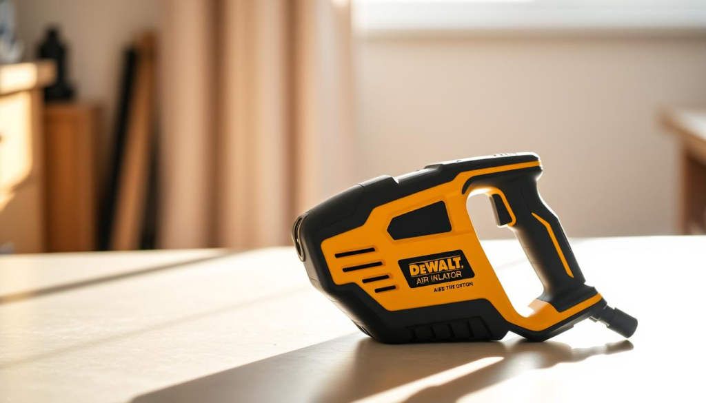 A DEWALT handheld air inflator resting on a flat surface, illuminated by soft, natural lighting from the side. The device is centered in the frame, showcasing its sleek, black and yellow design with prominent DEWALT branding. The middle ground features a blurred background, hinting at a domestic or workshop setting. The image conveys a sense of utility, efficiency, and durability, reflecting the product's ability to effortlessly inflate tires for vehicles.
