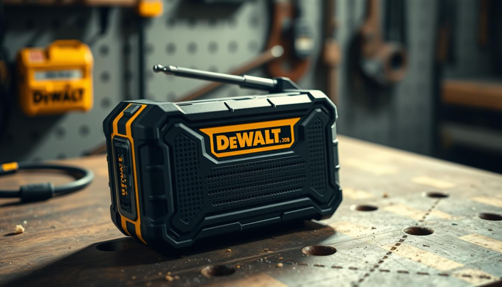 A DEWALT jobsite radio with Bluetooth connectivity rests on a sturdy, weather-resistant workbench. The device's sleek, rugged exterior is highlighted by a prominent DEWALT logo and intuitive control panel. Soft, diffused lighting from overhead illuminates the radio, casting gentle shadows and creating a sense of depth. The workbench is clutter-free, allowing the radio to be the focal point. The scene conveys a professional, well-organized work environment, where the radio's high-quality sound performance can be appreciated.