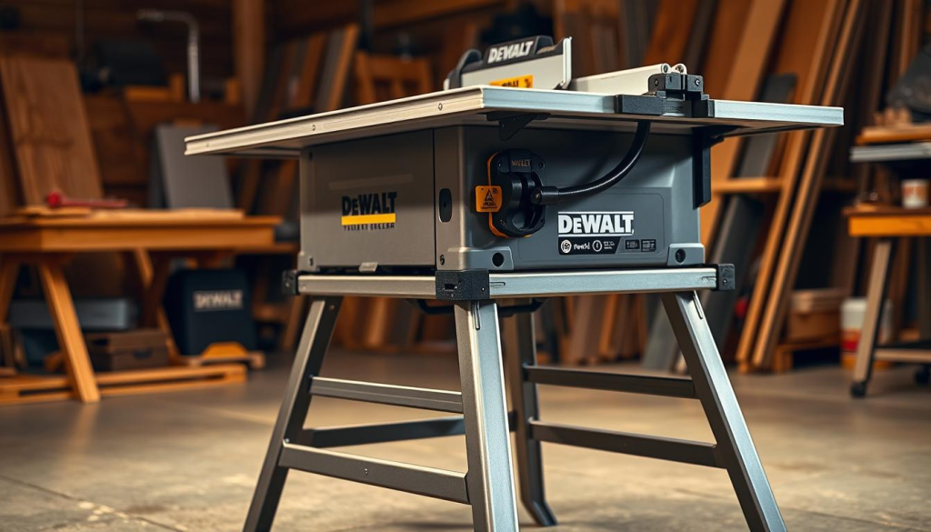 A DEWALT jobsite table saw with a sturdy metal stand, situated in a well-lit workshop. The table saw features a sleek, gray finish, and a large, angled blade guard. The stand has a compact, folding design for easy portability, with thick metal legs and a smooth, rust-resistant surface. The scene is illuminated by warm, diffused lighting, casting soft shadows and highlighting the saw's details. The overall atmosphere conveys a sense of power, precision, and convenience, aligning with the section's focus on the tool's portability and ease of use.