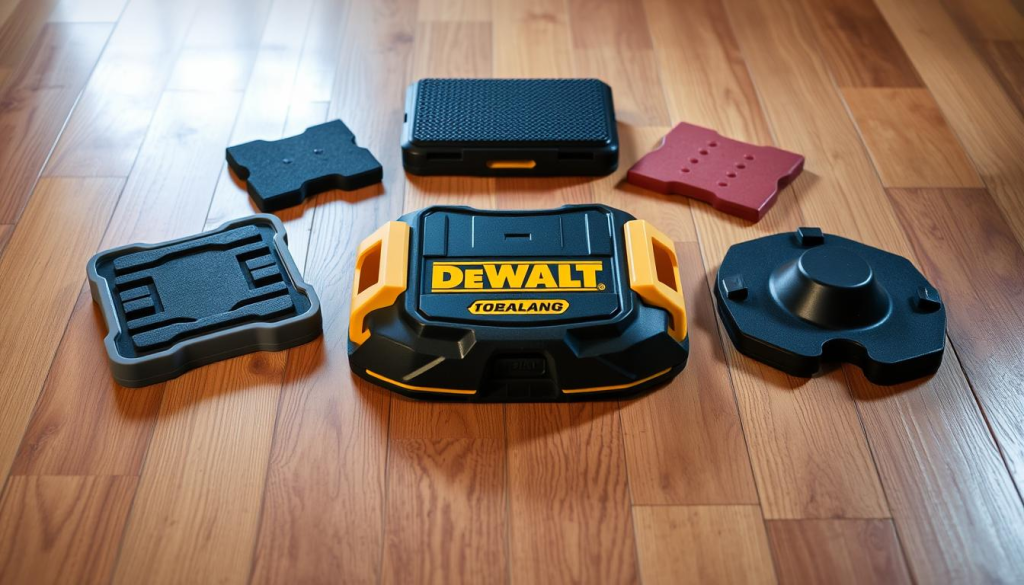 A DEWALT kneeling pad, sitting on a hardwood floor, surrounded by various other kneeling pads for comparison. The DEWALT pad is prominently displayed in the center, its durable black and yellow design contrasting against the warm tones of the wooden floor. The other pads are arranged around it, showcasing their different materials, thicknesses, and shapes, allowing for a comprehensive visual comparison. Soft, directional lighting illuminates the scene, casting subtle shadows and highlighting the textures of the pads. The overall atmosphere is one of professional assessment, inviting the viewer to closely examine and compare the features of these kneeling solutions for woodworking tasks.