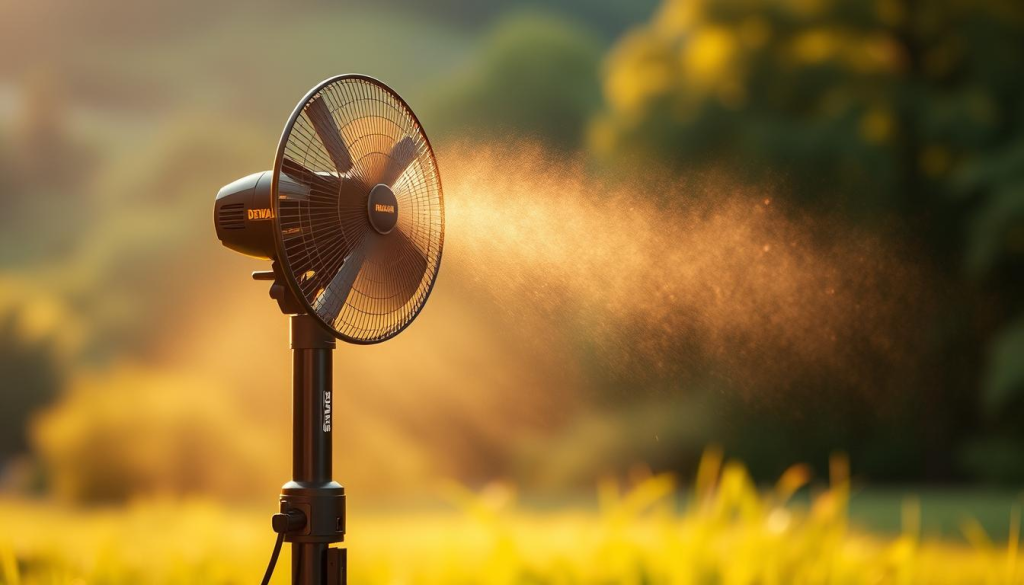 A DEWALT misting fan standing tall in a lush, verdant outdoor setting. The fan's sleek, modern design is highlighted by the warm, golden glow of natural lighting, casting a soft, ambient illumination across the scene. Beads of refreshing mist emanate from the fan's nozzles, creating a cooling, misty haze that envelops the immediate area. The background features a blurred, bokeh-rich landscape, suggesting a tranquil, secluded atmosphere perfect for relaxation. The overall composition conveys a sense of versatility, with the DEWALT misting fan effortlessly blending into this picturesque, outdoor environment.