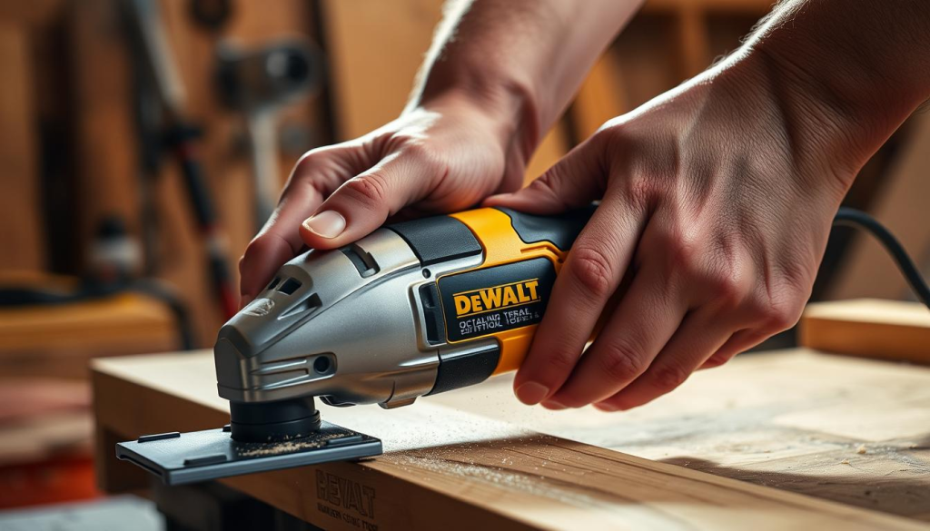A DEWALT oscillating multi-tool in action, cutting through a piece of wood in a well-lit workshop. The tool's metallic body gleams under the warm incandescent lighting, its blade smoothly slicing through the grain. The user's hands are firmly gripping the ergonomic handles, applying gentle pressure as they guide the tool. Sawdust particles swirl in the air, illuminated by the soft, diffused light. The scene captures the tool's power and precision, showcasing its versatility for home repairs and DIY projects.