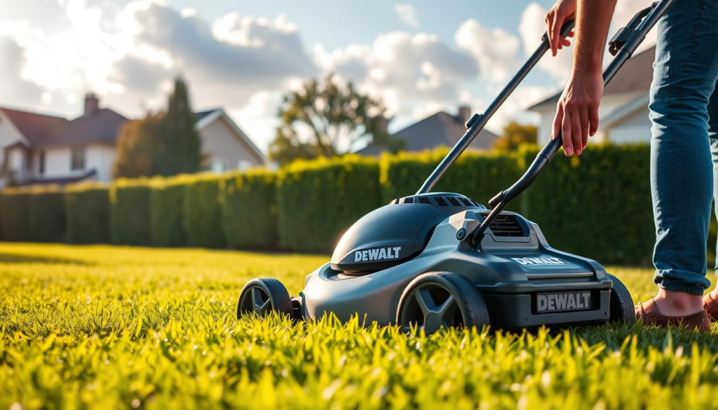 A DEWALT push mower standing on a lush, well-manicured lawn, its sleek metallic body gleaming under the warm, golden afternoon sunlight. The mower's sturdy wheels and ergonomic handle suggest a comfortable, user-friendly experience. In the foreground, a pair of hands, perhaps belonging to a satisfied homeowner, are giving the mower a thorough inspection, examining its features with a thoughtful expression. The background features a tranquil suburban setting, with neatly trimmed hedges and a picturesque sky dotted with fluffy white clouds, conveying a sense of peaceful productivity and reliable lawn care performance.