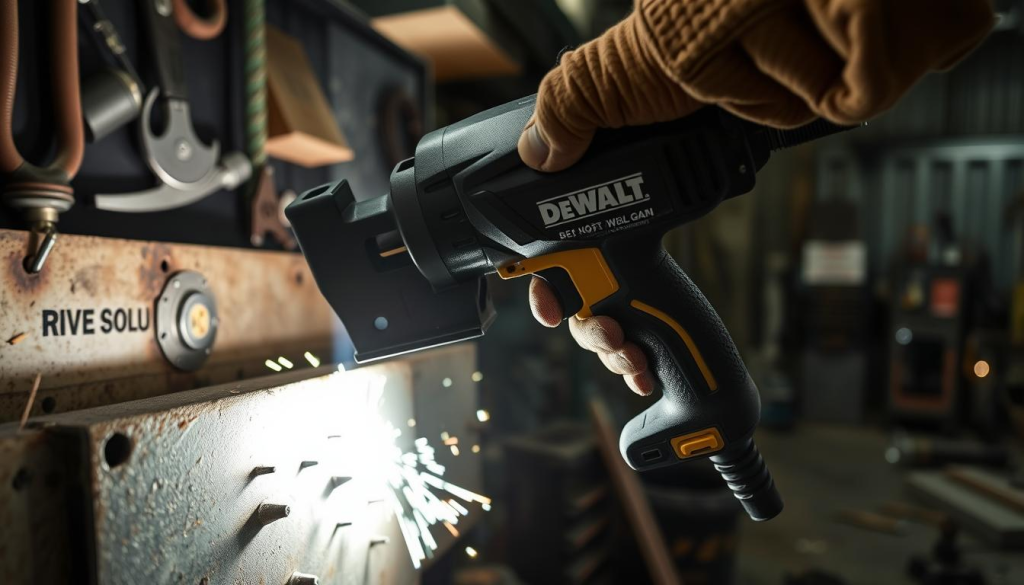 A DEWALT rivet gun in industrial use, held firmly in the weathered hands of a skilled worker. Bright LED lights illuminate the workpiece, a metal panel being secured with rivets. The gun's textured grip and sleek black body stand out against the gritty, dimly-lit workshop setting, surrounded by tools, machinery, and the faint glow of welding sparks. The rivet gun's powerful mechanism is on full display as it effortlessly punches through the metal, creating a secure, permanent bond. The scene conveys the rugged reliability and practical utility of this essential industrial tool.