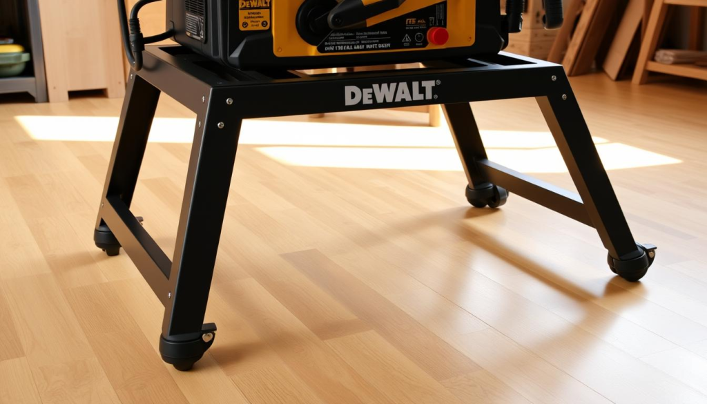 A DEWALT table saw stand with sturdy steel frame, featuring four heavy-duty casters for enhanced mobility. The stand is positioned in a well-lit workshop, casting soft shadows across the polished wooden surface. The frame has a sleek, utilitarian design, with a matte black finish that complements the tool's functionality. The casters are large and durable, allowing the stand to be easily maneuvered across the floor. The scene conveys a sense of professional craftsmanship, where the table saw stand serves as a reliable, mobile platform for the DEWALT power tool, enabling smooth and efficient woodworking.