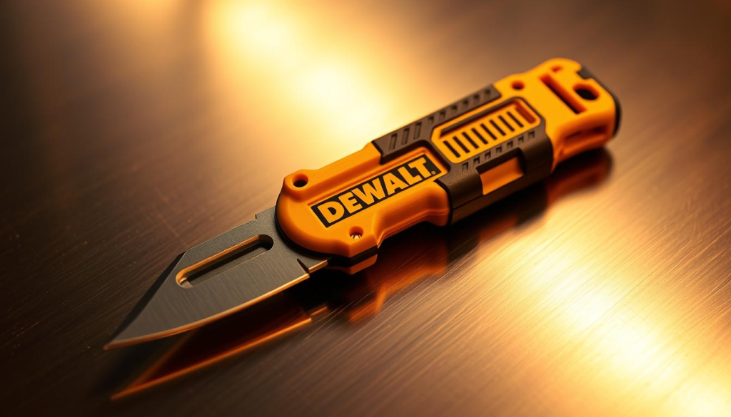 A DEWALT utility knife resting on a pristine metallic surface, illuminated by warm, directional lighting that casts subtle shadows, highlighting its sleek and durable design. The knife's body is crafted from high-quality, impact-resistant materials, its blade razor-sharp and gleaming. The composition showcases the utility knife's versatility and functionality, capturing the essence of the DEWALT brand's commitment to engineering reliable and efficient tools for professional use.