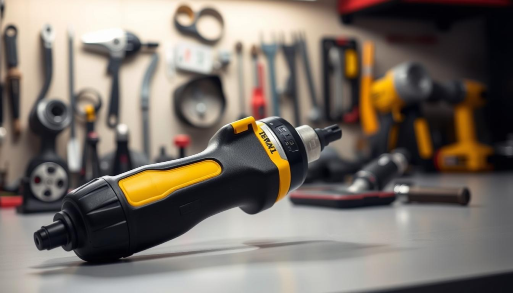 A DeWalt 1/2 impact wrench resting on a clean, well-lit workbench, its sleek black and yellow design highlighted by soft directional lighting. In the middle ground, a variety of automotive parts and tools suggest the wrench's versatile applications. The background is blurred, creating a sense of depth and focus on the tool. The image conveys the power, precision, and reliability of the DeWalt impact wrench, aligning with the "Benefits of Using a 1/2 Impact Wrench" section of the article.