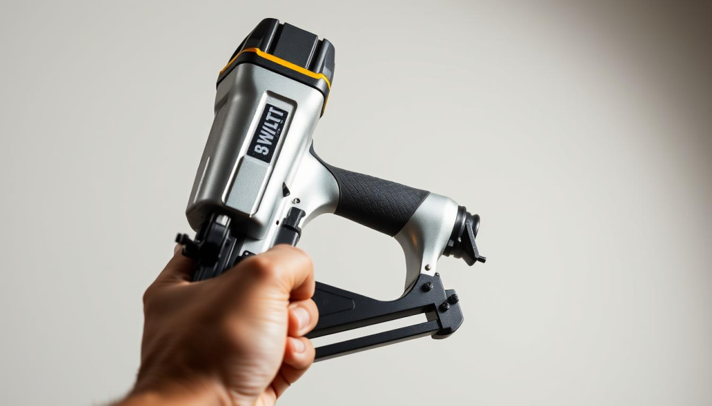 A DeWalt 18 gauge pneumatic nail gun, its metallic body gleaming under bright studio lighting. The tool is held in a sturdy, well-positioned grip, ready to fire precision nails with power and control. The nail gun is showcased against a clean, neutral background, allowing the device's technical features and robust construction to take center stage. Subtle shadows and highlights accentuate the nail gun's form, while a shallow depth of field keeps the focus on the subject. The overall scene conveys the reliable performance and versatile capabilities of this professional-grade power tool.