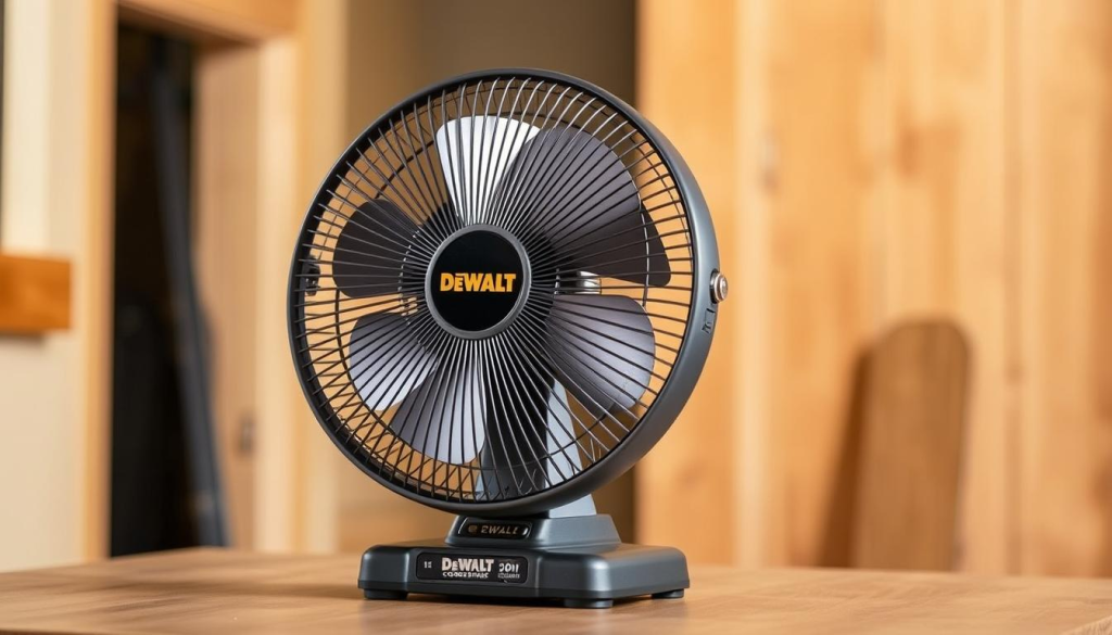 A DeWalt 20V cordless fan with an adjustable head standing on a wooden surface. The fan is centered in the frame, its sleek, grey body and silver blades catching the warm light from an overhead source. The adjustable head allows for precise airflow control, showcasing its versatility. The background is softly blurred, keeping the focus on the fan's dynamic, industrial design. The scene conveys a sense of practical utility and modern, cordless convenience - ideal for a user review section highlighting the product's performance and usability.
