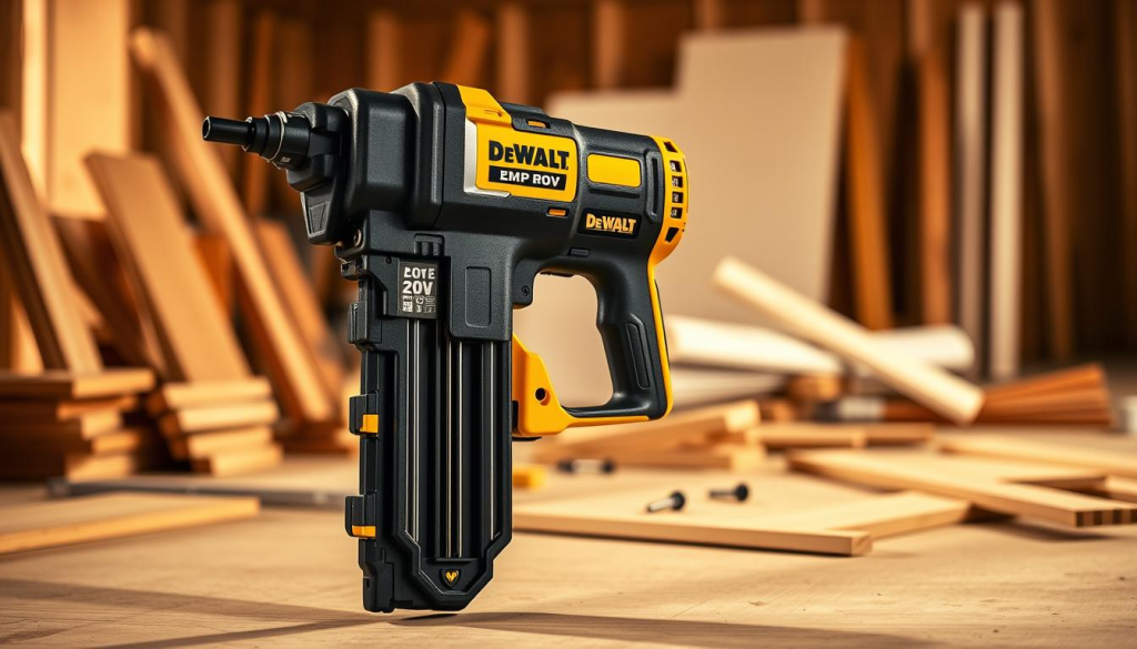 A DeWalt 20V cordless nail gun stands prominently in the foreground, its sleek black and yellow design exuding power and precision. The gun is held at a slight angle, revealing the intricate mechanisms and the bright yellow trigger, ready to drive nails with effortless speed and force. In the middle ground, various construction materials such as wooden planks, drywall panels, and trim pieces are scattered, hinting at the versatile applications of this tool. The background is softly blurred, creating a sense of depth and focus on the nail gun as the centerpiece. Warm, directional lighting casts dramatic shadows, highlighting the tool's rugged and dependable construction, perfect for any home renovation project.