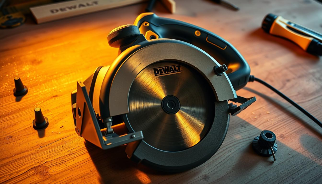 A DeWalt 7-1/4" circular saw lying on a workbench, illuminated by warm, directional lighting. The saw's blade is visible, its teeth gleaming sharply. Surrounding the saw are various accessories and tips, such as a blade guard, a rip fence, and a depth adjustment knob, all rendered in a level of photorealistic detail. The workbench surface is textured wood, with a few scattered tools and sawdust, conveying a sense of a well-used workshop. The overall mood is one of precision, power, and practical utility, reflecting the reliable performance of the DeWalt circular saw.