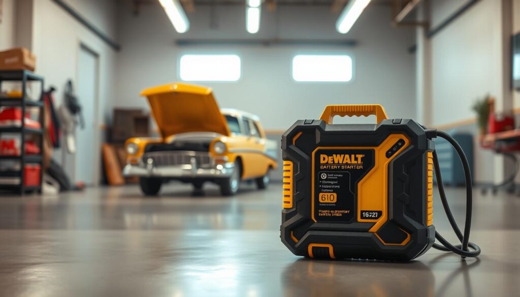 A DeWalt battery jump starter in a well-lit, modern garage setting. The device is prominently displayed in the foreground, its sleek black and yellow design contrasting against the clean, neutral-toned backdrop. The jump starter's powerful battery and jump cables are clearly visible, suggesting its utility and capability. In the middle ground, a vintage car sits, its engine hood open, hinting at the jump starter's intended use. The scene is illuminated by a combination of natural and artificial lighting, creating a sense of warmth and functionality. The overall atmosphere conveys a sense of efficiency and practicality, emphasizing the jump starter's role in reviving a vehicle with ease.