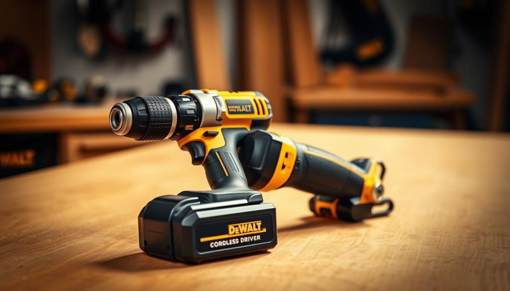 A DeWalt cordless drill driver rests on a clean, well-lit workbench. The drill's sleek black and yellow body is in sharp focus, while the background is softly blurred, emphasizing the tool's ergonomic design and sturdy build quality. Warm, directional lighting from the side casts subtle shadows, highlighting the drill's textured grip and trigger mechanism. The scene exudes a sense of professional craftsmanship and attention to detail, reflecting the user experience and comfort of this powerful cordless drill.