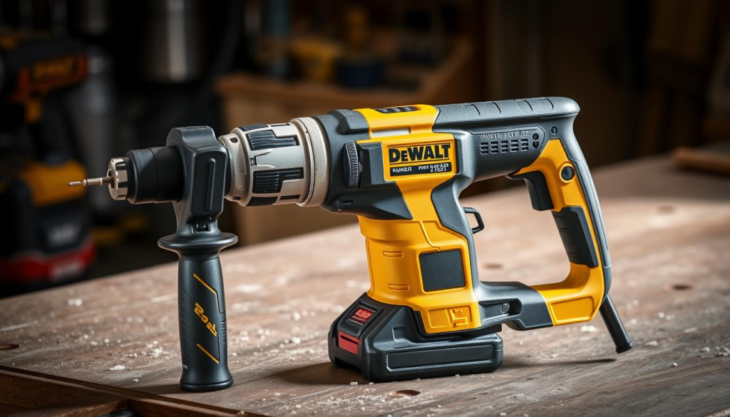 A DeWalt hammer drill resting on a workbench, its sturdy construction and powerful motor gleaming under bright, directional lighting. The drill is positioned at a slight angle, showcasing its ergonomic design and easy-to-grip handle. The background is blurred, allowing the drill to be the focal point, emphasizing its reliable performance and suitability for tough DIY or construction projects. The image conveys a sense of quality, dependability, and the tool's ability to tackle even the most demanding tasks with ease.
