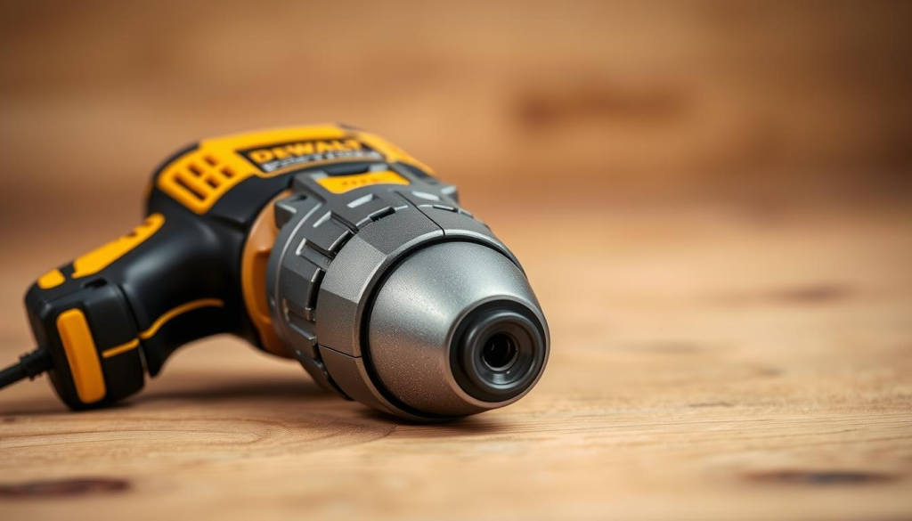 A DeWalt impact driver resting on a wooden surface, captured in a well-lit studio setting. The driver's metallic body and yellow accents are rendered in crisp, high-resolution detail, showcasing its sturdy construction and power. The foreground is in focus, with a shallow depth of field blurring the background, creating a sense of depth and emphasis on the tool. Subtle shadows and highlights accentuate the driver's form, conveying a sense of solidity and reliability. The overall mood is one of professional-grade quality and performance, reflecting the testimonials and user reviews of the DeWalt impact and drill set.