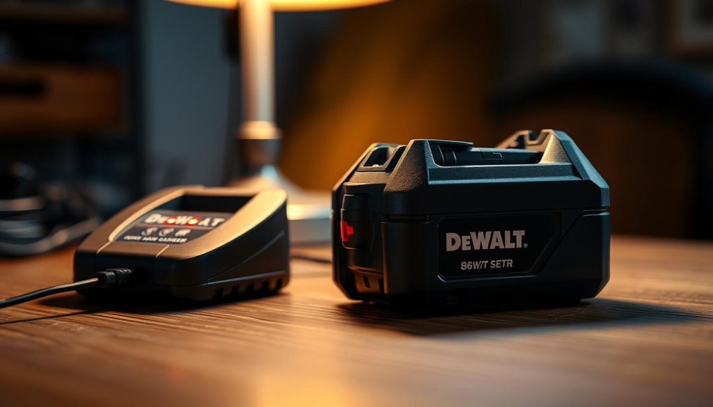 A DeWalt lawn mower battery resting on a wooden surface, its sleek black casing shining under the warm glow of a desk lamp. The battery is connected to a DeWalt charger, its LED indicators flashing to signal the charging process. The scene is captured from a low angle, emphasizing the battery's sturdy construction and the attention to detail in the charging dock's design. The background is softly blurred, keeping the focus on the battery and charger, conveying a sense of reliability and efficiency. The overall mood is one of quiet professionalism, reflecting the dependability of the DeWalt power system.