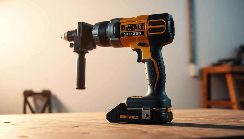 A DeWalt mag drill in a well-lit, professional workshop setting. The drill is positioned on a workbench, casting a sharp shadow against a clean, white backdrop. The metallic body and sturdy construction are clearly visible, highlighting its industrial-grade design. Warm, directional lighting from the left side casts subtle highlights, emphasizing the drill's precision engineering. The frame is captured at a slight angle, giving the viewer a sense of its substantial size and power. The overall scene conveys the drill's utility, reliability, and suitability for heavy-duty applications, reflecting its value proposition.