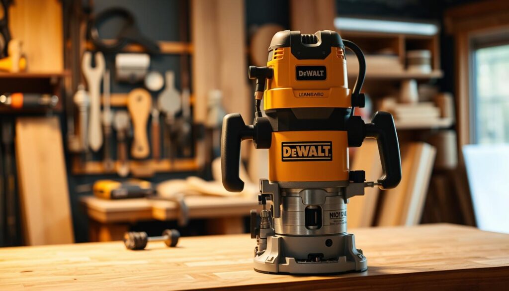 A DeWalt woodworking router standing prominently on a workbench, its sturdy construction and sleek design clearly visible. The router is illuminated by warm, directional lighting, casting subtle shadows that highlight its contours. In the middle ground, various woodworking tools and materials are neatly arranged, suggesting a well-equipped workshop. The background is slightly blurred, creating a sense of depth and focus on the router, the star of the scene. The overall atmosphere conveys a sense of precision, power, and the joy of crafting fine woodwork with a high-quality tool.
