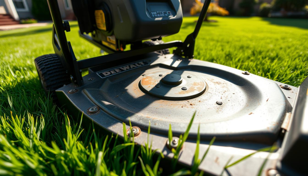 A DeWalt zero turn mower cutting deck, captured in crisp detail under soft, natural lighting. The blades slice through the lush, verdant grass, leaving a perfectly manicured, striped pattern in their wake. The deck's sturdy, rust-resistant construction is highlighted, showcasing its durable, high-performance design. The mower is positioned in a picturesque, suburban backyard, with a well-maintained lawn and a few scattered trees in the background, creating a serene, peaceful atmosphere. The camera angle is slightly elevated, providing a dynamic, three-dimensional perspective that emphasizes the power and precision of the zero turn mower's cutting capabilities.