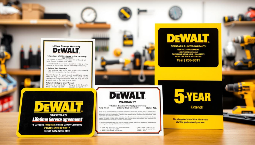 A bright, well-lit image of various Dewalt warranty types, including the standard 3-year limited warranty, the lifetime service agreement, and the extended 5-year warranty. The foreground features the different warranty cards and certificates, displaying the Dewalt logo and key coverage details. The middle ground showcases power tools and accessories, hinting at the products covered by the warranties. The background depicts a clean, modern workshop environment with tools, shelves, and a workbench, creating a professional and authoritative atmosphere. The overall scene conveys a sense of trust, reliability, and Dewalt's commitment to customer satisfaction.