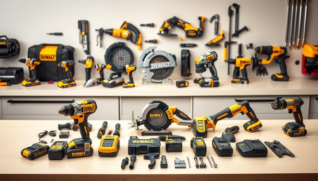A carefully curated DeWalt tool kit laid out on a clean, well-lit workbench. In the foreground, the tools are arranged in an organized, symmetrical pattern - a DeWalt cordless drill, impact driver, reciprocating saw, and various accessories neatly presented. The middle ground features a backdrop of high-quality DeWalt power tools, including a circular saw, jigsaw, and multi-tool, all in a sleek black and yellow color scheme. The background subtly suggests a professional workshop or garage setting, with neutral tones and subtle industrial details that complement the DeWalt branding. The overall mood is one of precision, efficiency, and the promise of reliable, rugged performance.
