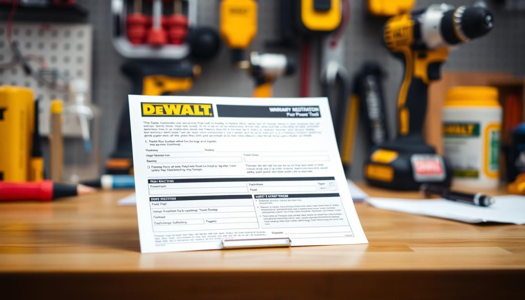 A clean, well-lit, high-resolution photograph of a DeWalt warranty registration form on a wooden desk. The form is the central focus, placed in the middle ground, with a blurred background of generic office supplies and tools. The lighting is soft and diffused, creating an even illumination across the document. The angle is slightly elevated, giving a slightly downward perspective. The form is displayed prominently, with clear details of the DeWalt logo, fields for personal information, and instructions for registration. The overall mood is professional and informative, reflecting the importance of proper warranty documentation for power tool ownership.