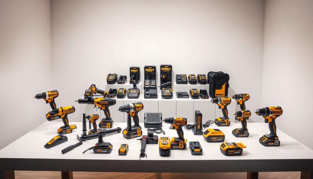 A clean, well-lit studio setting showcases an organized array of DEWALT XR power tools and accessories. In the foreground, the tools are displayed on a sleek, minimalist white table, their shapes and colors contrasting sharply. The middle ground features a selection of compatible batteries and chargers, neatly arranged. The background is a pristine white wall, creating a sense of professional, high-quality presentation. Subtle directional lighting casts a warm glow, highlighting the rugged, premium design of the DEWALT XR lineup. The overall atmosphere conveys a sense of precision, functionality, and the ability to tackle any job with confidence.