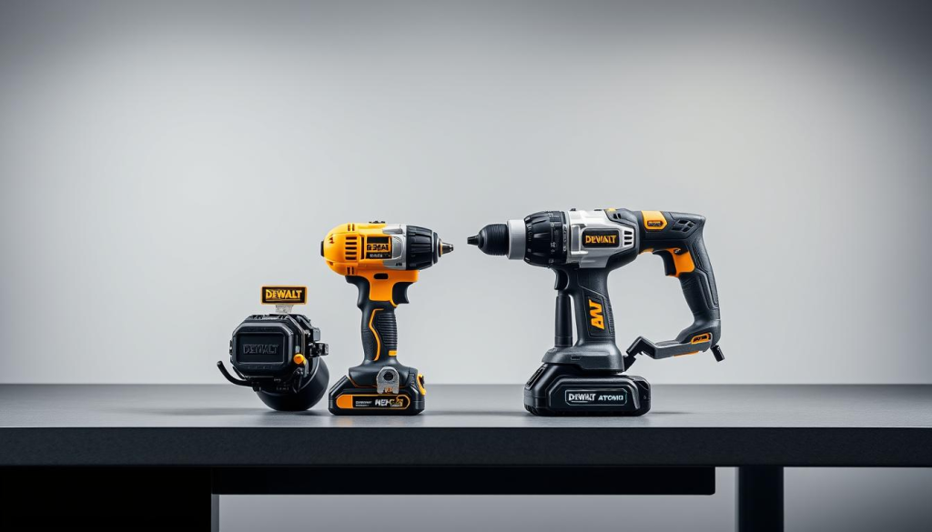 A clean, well-lit studio setting showcasing the DeWalt XR and Atomic power tools side by side. The tools are prominently displayed on a sleek, modern workbench, with a neutral gray background that allows the products to take center stage. The lighting is soft and diffused, creating subtle shadows that accentuate the tools' ergonomic designs and textures. The camera angle is slightly elevated, providing a clear, unobstructed view of the tools' profiles and controls. The overall tone is one of professionalism and attention to detail, highlighting the design and ergonomic features of these two competing power tool brands.