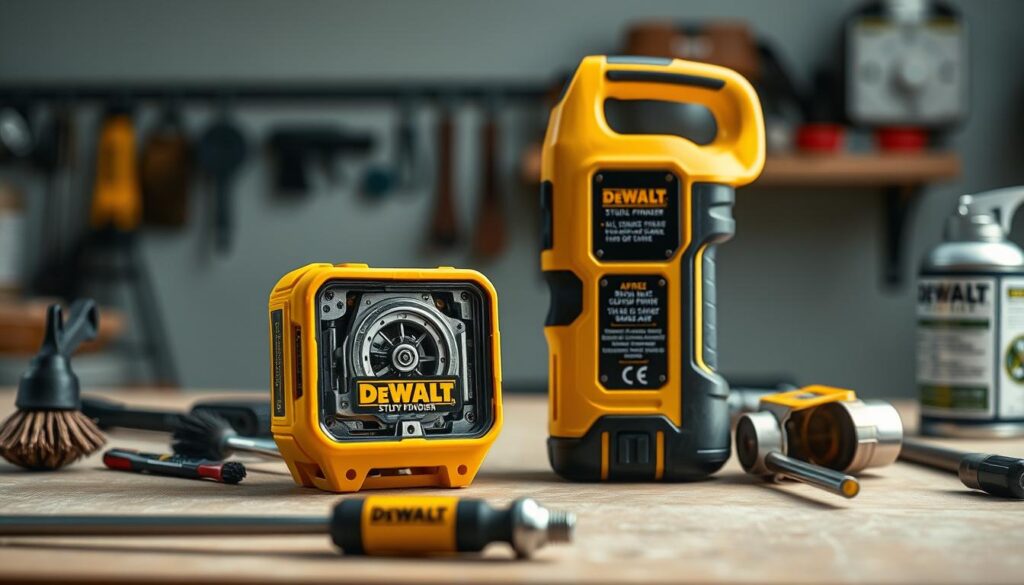 A clean, well-lit workshop setting with a DEWALT handheld stud finder prominently displayed on a workbench. The stud finder is shown in close-up, its internal mechanisms exposed, with various maintenance tools like brushes, a screwdriver, and a can of compressed air nearby. Soft, diffused lighting illuminates the scene, casting subtle shadows and highlighting the device's sleek, black-and-yellow design. The overall mood is one of careful attention to detail and diligent upkeep, conveying the importance of proper maintenance for ensuring the stud finder's continued reliable performance.