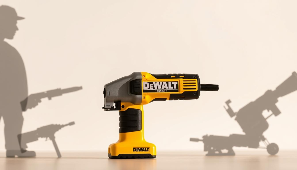 A close-up comparison of the DeWalt 3-Inch Cut-Off Tool against its competitors, showcased on a clean, neutral background. The DeWalt tool is prominently displayed in the center, with its sleek design and compact size highlighted under natural, warm lighting. Surrounding it are silhouettes of alternative cut-off tools, allowing the viewer to visually contrast the DeWalt's distinctive features and advantages. The image should convey a sense of precision, power, and the tool's versatility, ideal for illustrating the section on comparing the DeWalt to other options.