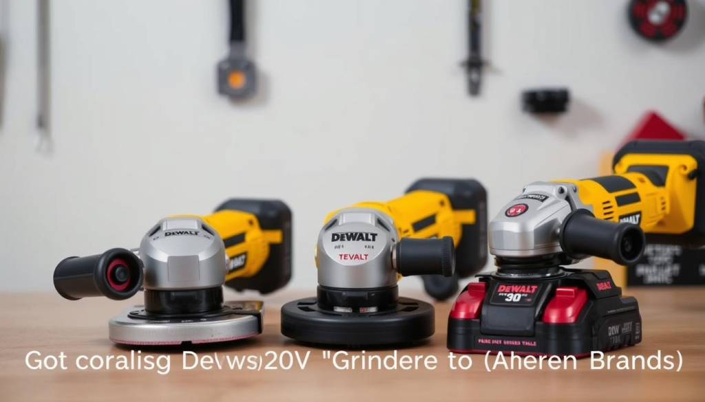 A close-up comparison of three DeWalt 20V cordless angle grinders, showcased on a clean, minimalist workbench. The grinders are positioned in the foreground, with sharp focus and even lighting to highlight their distinct features and designs. The middle ground showcases a soft, blurred background, creating a sense of depth and emphasizing the tools. The overall mood is professional, technical, and informative, conveying the subject matter of evaluating and comparing these power tools. The image should capture the essence of the "DeWalt 20V Grinder: Versatile Tool for DIY Projects" article and the "Comparing DeWalt20V Grinder with Other Brands" section.
