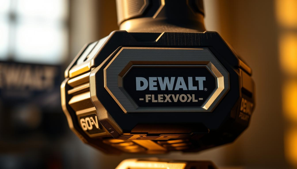 A close-up, detailed shot of a DEWALT 60V FLEXVOLT battery pack, showcasing its sleek, high-tech design. The battery's silver and black casing is illuminated by warm, directional lighting, casting subtle shadows that highlight its angular, modern form. The image captures the battery's rugged, industrial aesthetic, emphasizing its robust build quality and power. The background is softly blurred, keeping the focus solely on the battery's engineering and technical prowess. The composition and lighting work together to convey a sense of reliability, strength, and the advanced battery technology at the heart of DEWALT's 60V power tools.