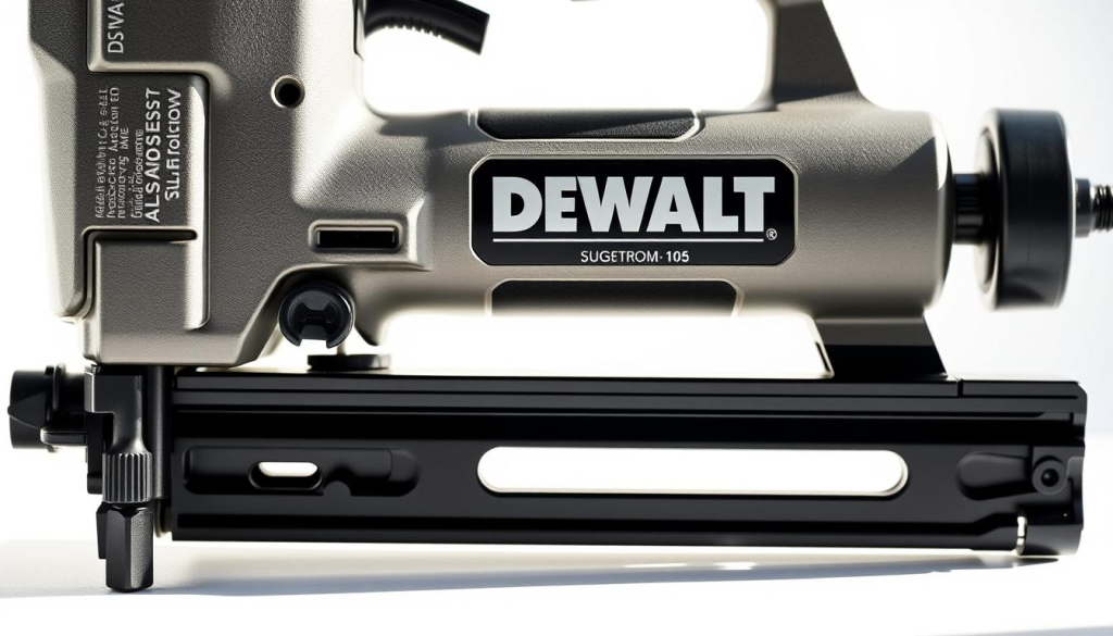 A close-up, detailed shot of a DEWALT roofing nailer, meticulously showcased on a clean, white background. The tool is illuminated by natural, soft lighting, accentuating its sleek, industrial design and the intricate specifications etched onto its surface. The image captures the power and precision of this essential roofing equipment, highlighting its key features such as the magazine capacity, trigger mechanism, and depth adjustment. The overall composition conveys the tool's reliability and suitability for a variety of roofing applications, aligning with the subject of the article.