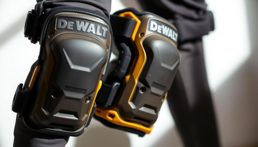 A close-up, detailed shot of a pair of durable DEWALT knee pads against a clean, white background. The knee pads have a rugged, industrial design with thick, high-density foam padding and reinforced stitching for maximum impact protection. The outer shell is made from a heavy-duty, scuff-resistant material, with strategic flex points for enhanced mobility. The pads are lit from the side, casting subtle shadows that accentuate their robust, well-engineered construction. The overall mood is one of quality, functionality, and reliable performance - perfectly suited for tough, demanding work environments.