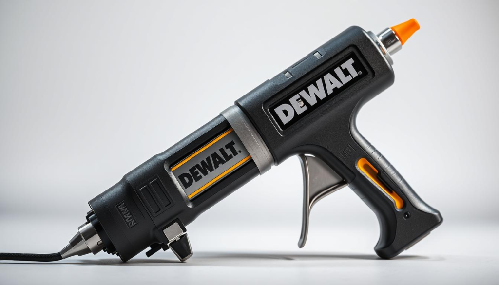 A close-up, detailed shot of the DEWALT glue gun, captured in a well-lit, professional studio setting. The gun is positioned prominently in the foreground, showcasing its robust construction and ergonomic design. The middle ground features a clean, white backdrop, allowing the tool to stand out. Subtle reflections on the metallic components add depth and highlights the product's quality. The lighting is soft and even, accentuating the textures and contours of the glue gun. The overall mood is one of refined professionalism, inviting the viewer to examine the key features of this powerful tool.