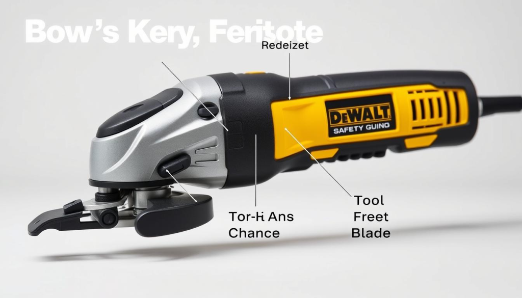 A close-up, detailed view of a DEWALT oscillating multi-tool, showcasing its key safety features. The tool is displayed on a clean, neutral background, illuminated by soft, even lighting to highlight its sleek, industrial design. The focus is on the tool's rubberized grip, sturdy construction, and intuitive controls, conveying a sense of reliability and user-friendliness. The image emphasizes the tool's safety mechanisms, such as its anti-slip grip, blade guard, and tool-free blade change system, reflecting the section's focus on the DEWALT multi-tool's safety-oriented features.