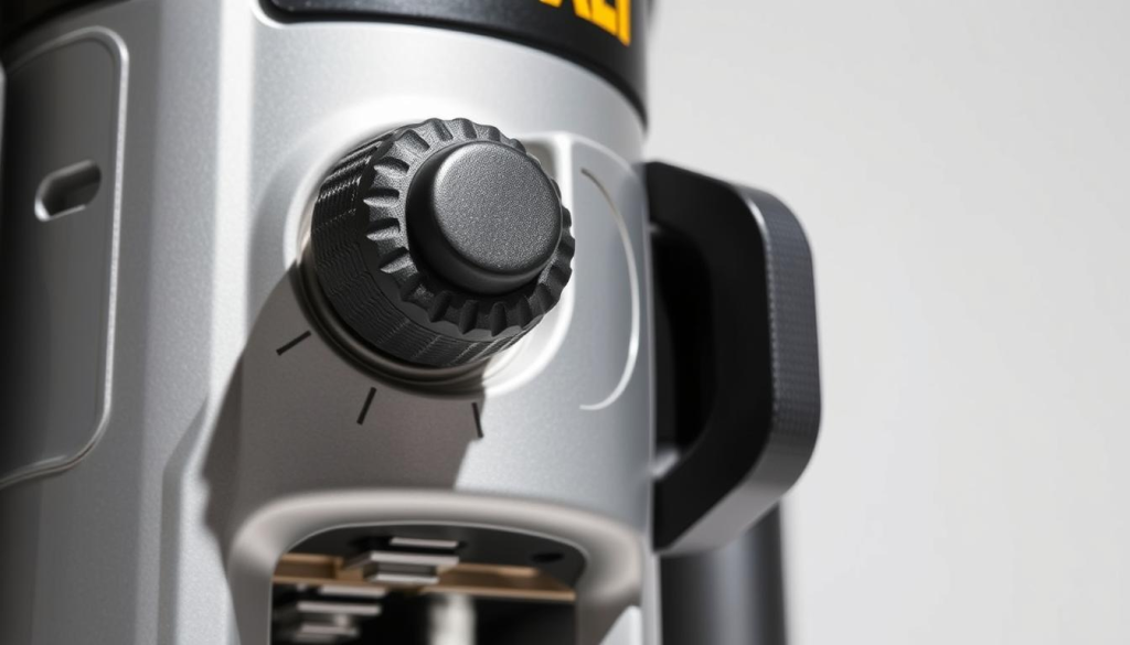 A close-up, detailed view of the depth adjustment mechanism on a Dewalt DWP849X plunge router. The mechanism is situated on the front of the router, with a large knob and clear markings for precise depth control. The knob is textured for easy grip, and the mechanism is rendered in matte metal for a professional, industrial look. The lighting is bright and diffused, creating soft shadows that accentuate the form and contours of the mechanism. The background is clean and neutral, allowing the depth adjustment feature to be the sole focus of the image.