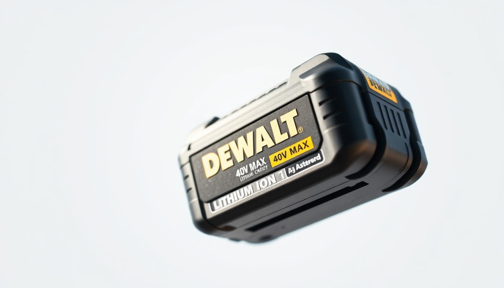 A close-up, high-quality product shot of a DEWALT 40V MAX Lithium-Ion battery pack, captured in natural daylight with a clean, white background. The battery's sleek, rectangular design is showcased in intricate detail, with a matte black finish and the iconic DEWALT logo prominently displayed. Subtle highlights and reflections accentuate the battery's robust, high-performance construction, conveying a sense of reliability and durability. The image should evoke a feeling of confidence and trust in the DEWALT brand, aligning with the user's real-world experiences with the 40V battery.