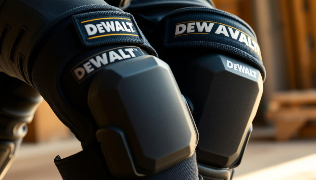 A close-up, high-resolution photograph of a pair of DeWalt knee pads for construction work. The pads are made of durable, reinforced black fabric with a textured surface for grip. They have thick, cushioned knee cups in a sleek, contoured design for maximum comfort and protection. The pads are secured with adjustable, breathable straps. The image is shot at a slight angle to showcase the pads' details, such as the DeWalt logo, under warm, directional lighting that casts soft shadows. The background is blurred to keep the focus on the knee pads.