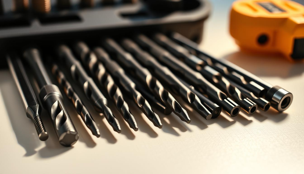 A close-up, high-resolution photograph of a professional-grade DEWALT drill bit set, showcasing an array of precision-engineered bits in a variety of sizes and shapes. The bits are arranged neatly on a clean, well-lit surface, casting subtle shadows that add depth and dimension to the scene. The lighting is soft and diffused, creating a warm, inviting atmosphere that highlights the premium quality and attention to detail of the DEWALT brand. The image conveys a sense of durability, reliability, and the tool's suitability for a wide range of drilling and fastening tasks, perfectly reflecting the "Popular DEWALT Drill Bit Sets" section of the article.