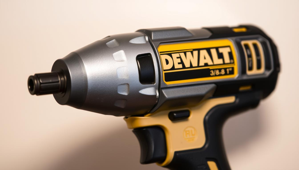 A close-up, high-resolution photograph of a top-rated DEWALT 3/8" impact wrench, shot against a neutral background with soft, directional lighting to accentuate the tool's sleek, industrial design. The wrench is positioned at a slight angle, showcasing its robust metal construction, ergonomic grip, and powerful mechanism. The image captures the tool's durability and performance capabilities, conveying the sense of reliability and trustworthiness that has earned it positive user reviews and testimonials.