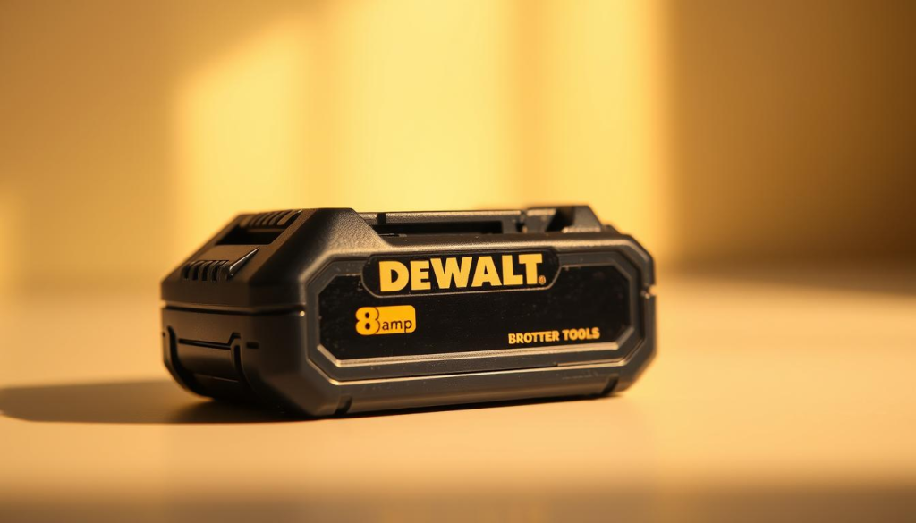 A close-up of a DeWalt 8 Amp power tool battery, shiny and metallic, resting on a clean, well-lit surface. The battery has a sleek, modern design with the DeWalt logo prominently displayed. The lighting is warm and directional, casting subtle shadows that accentuate the battery's contours and textures. The background is slightly blurred, allowing the battery to be the main focus of the image. The overall mood is one of reliability, power, and professional-grade quality, reflecting the benefits of using this DeWalt battery for your tools.